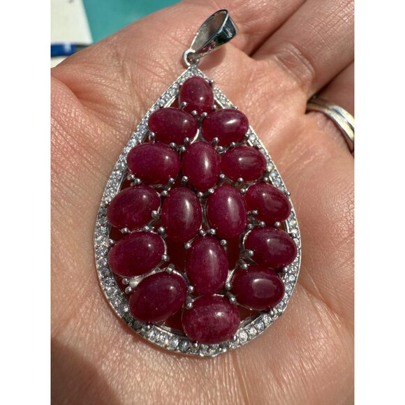 Lg Artisian Sterling Silver Teardrop Ruby Cluster Pendant CZ Accents Statement - Picture 2 of 8